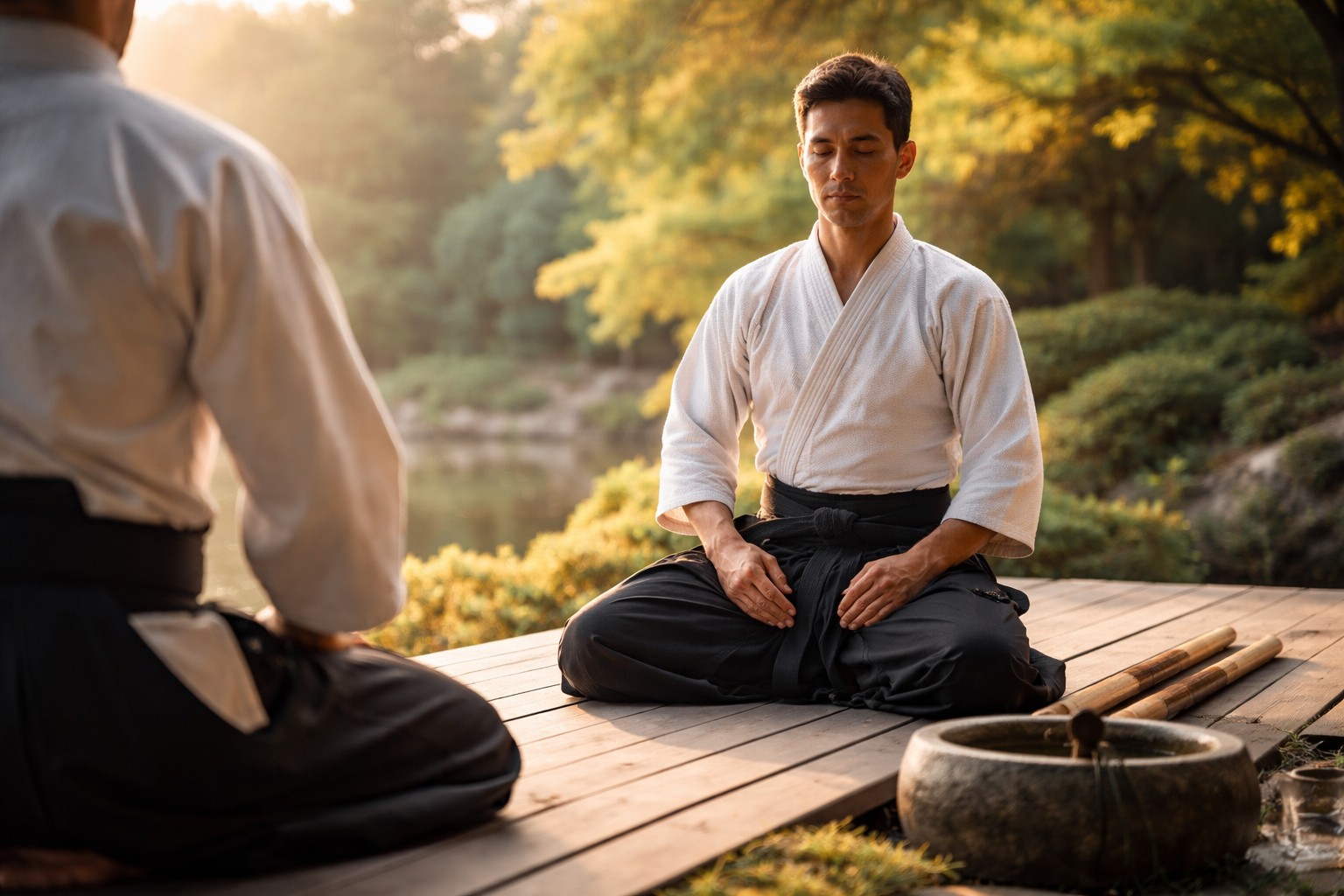 Praticantes de Aikido em seiza no Por do Sol