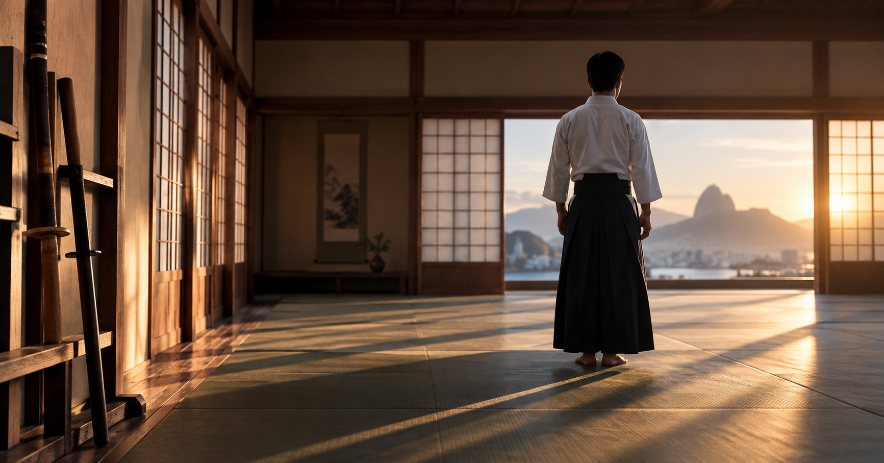 Praticante de aikidô usando kimono branco e hakama em um tatame tradicional japonês